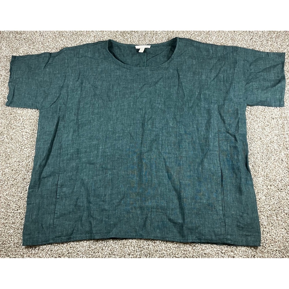 Eileen Fisher Organic Linen Boxy Short Sleeve Top Teal Green Pockets Size Small
